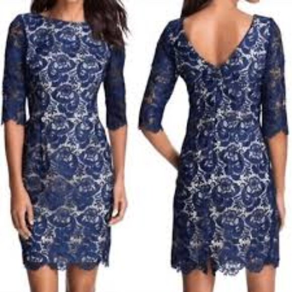 Eliza J. Royal Collection Blue Lace Overlay Low-back Sheath US 12 - Picture 2 of 10